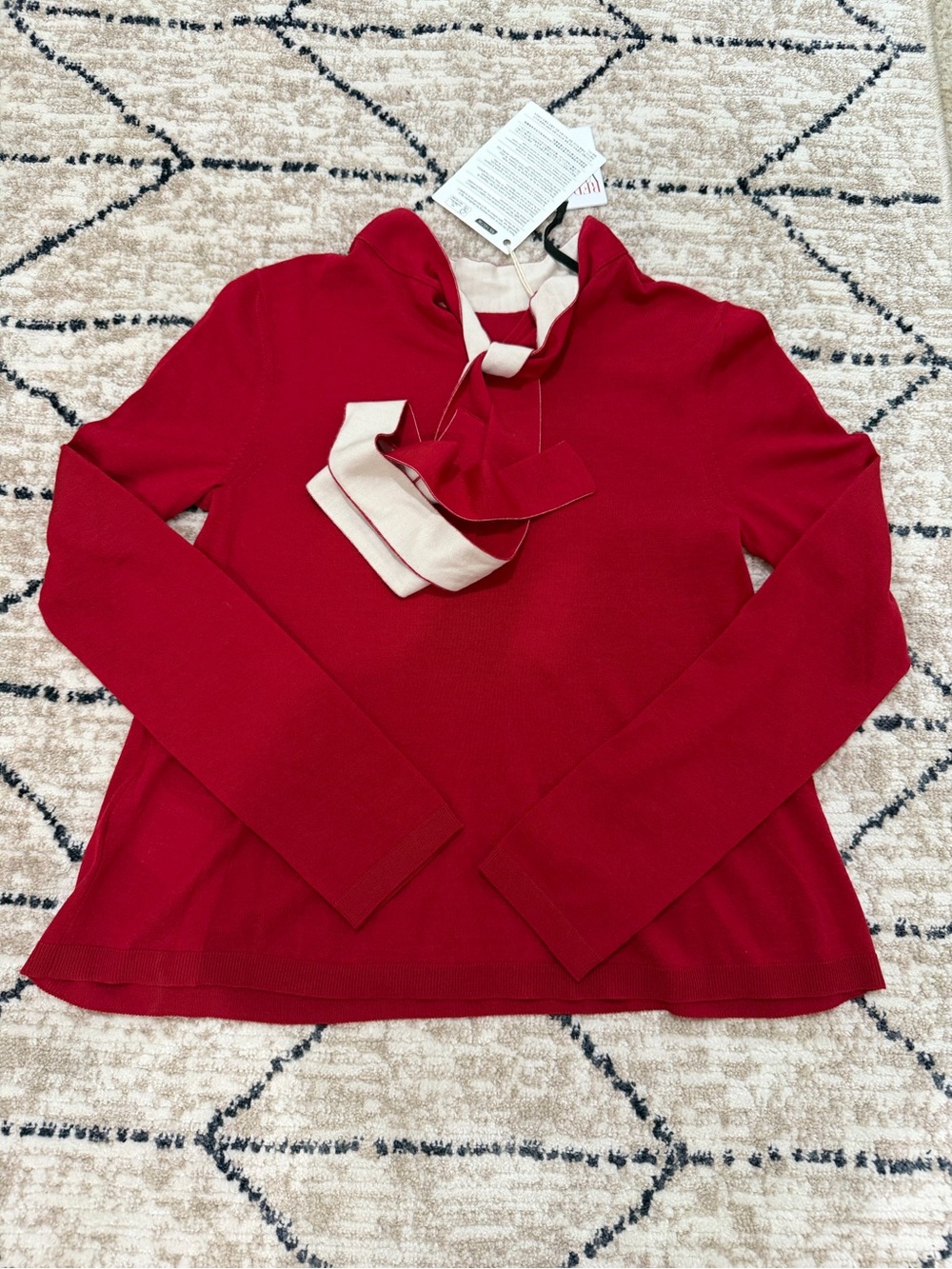 RED Valentino Cherry Red Mock Long-Sleeve Topped with Tie Neck - Picture 2 of 4
